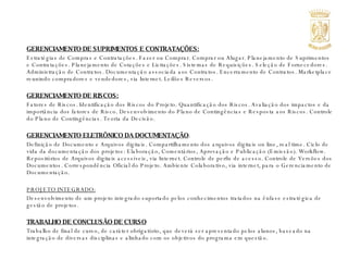 GERENCIAMENTO DE SUPRIMENTOS E CONTRATAÇÕES: Estratégias de Compras e Contratações. Fazer ou Comprar. Comprar ou Alugar. Planejamento de Suprimentos e Contratações. Planejamento de Cotações e Licitações. Sistemas de Requisições. Seleção de Fornecedores. Administração de Contratos. Documentação associada aos Contratos. Encerramento de Contratos. Marketplace reunindo compradores e vendedores, via Internet. Leilões Reversos. GERENCIAMENTO DE RISCOS: Fatores de Riscos. Identificação dos Riscos do Projeto. Quantificação dos Riscos. Avaliação dos impactos e da importância dos fatores de Risco. Desenvolvimento do Plano de Contingências e Resposta aos Riscos. Controle do Plano de Contingências. Teoria da Decisão. GERENCIAMENTO ELETRÔNICO DA DOCUMENTAÇÃO : Definição de Documento e Arquivos digitais. Compartilhamento dos arquivos digitais on line, real time. Ciclo de vida da documentação dos projetos: Elaboração, Comentários, Aprovação e Publicação (Emissão). Workflow. Repositórios de Arquivos digitais acessíveis, via Internet. Controle de perfis de acesso. Controle de Versões dos Documentos. Correspondência Oficial do Projeto. Ambiente Colaborativo, via internet, para o Gerenciamento de Documentação. PROJETO INTEGRADO: Desenvolvimento de um projeto integrado suportado pelos conhecimentos tratados na ênfase estratégica de gestão de projetos. TRABALHO DE CONCLUSÃO DE CURSO Trabalho de final de curso, de caráter obrigatório, que deverá ser apresentado pelos alunos, baseado na integração de diversas disciplinas e alinhado com os objetivos do programa em questão. 