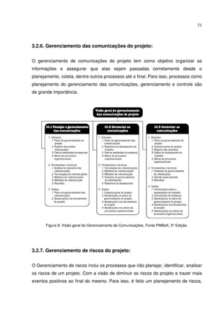 31
3.2.6. Gerenciamento das comunicações do projeto:
O gerenciamento de comunicações do projeto tem como objetivo organizar as
informações e assegurar que elas sejam passadas corretamente desde o
planejamento, coleta, dentre outros processos até o final. Para isso, processos como
planejamento do gerenciamento das comunicações, gerenciamento e controle são
de grande importância.
Figura 9: Visão geral do Gerenciamento de Comunicações. Fonte PMBoK, 5º Edição.
3.2.7. Gerenciamento de riscos do projeto:
O Gerenciamento de riscos inclui os processos que irão planejar, identificar, analisar
os riscos de um projeto. Com a visão de diminuir os riscos do projeto e trazer mais
eventos positivos ao final do mesmo. Para isso, é feito um planejamento de riscos,
 