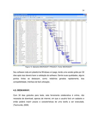 39
Figura 14: Aplicativo MICROSOFT PROJECT. Fonte: MICROSOFT
Seu software roda em plataforma Windows e é pago, tendo uma versão grátis por 30
dias após isso deverá fazer a validação do software. Dentre suas qualidades, alguns
pontos fortes se destacam, como: relatórios gerados rapidamente, boa
compatibilidade, interface de fácil utilização.
4.3. DESKAWAY:
Com 30 dias gratuitos para teste, esta ferramenta colaborativa é online, não
necessita de download, apenas de internet, em que o usuário fará um cadastro e
então poderá inserir prazos e características de uma tarefa a ser executada.
(Tecmundo, 2009)
 