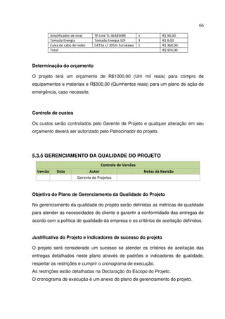 66
Amplificador de sinal TP-Link TL-WA850RE 1 R$ 90,00
Tomada Energia Tomada Energia 10ª 3 R$ 8,00
Caixa de cabo de redes CAT5e c/ 305m Furukawa 1 R$ 360,00
Total: R$ 924,00
Determinação do orçamento
O projeto terá um orçamento de R$1000,00 (Um mil reais) para compra de
equipamentos e materiais e R$500,00 (Quinhentos reais) para um plano de ação de
emergência, caso necessite.
Controle de custos
Os custos serão controlados pelo Gerente de Projeto e qualquer alteração em seu
orçamento deverá ser autorizado pelo Patrocinador do projeto.
5.3.5 GERENCIAMENTO DA QUALIDADE DO PROJETO
Controle de Versões
Versão Data Autor Notas da Revisão
Gerente de Projetos
Objetivo do Plano de Gerenciamento da Qualidade do Projeto
No gerenciamento da qualidade do projeto serão definidas as métricas de qualidade
para atender as necessidades do cliente e garantir a conformidade das entregas de
acordo com a política de qualidade da empresa e os critérios de aceitação definidos.
Justificativa do Projeto e indicadores de sucesso do projeto
O projeto será considerado um sucesso se atender os critérios de aceitação das
entregas detalhados neste plano através de padrões e indicadores de qualidade,
respeitar as restrições e cumprir o cronograma de execução.
As restrições estão detalhadas na Declaração do Escopo do Projeto.
O cronograma de execução é um anexo do plano de gerenciamento do projeto.
 
