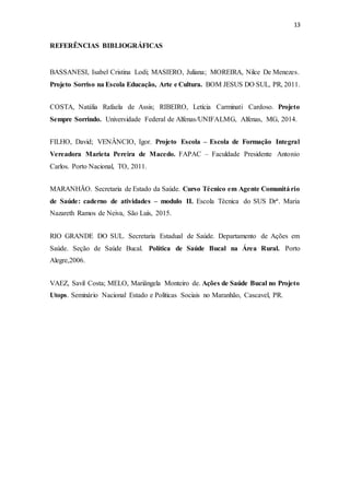 13
REFERÊNCIAS BIBLIOGRÁFICAS
BASSANESI, Isabel Cristina Lodi; MASIERO, Juliana; MOREIRA, Nilce De Menezes.
Projeto Sorriso na Escola Educação, Arte e Cultura. BOM JESUS DO SUL, PR, 2011.
COSTA, Natália Rafaela de Assis; RIBEIRO, Letícia Carminati Cardoso. Projeto
Sempre Sorrindo. Universidade Federal de Alfenas/UNIFALMG, Alfenas, MG, 2014.
FILHO, David; VENÂNCIO, Igor. Projeto Escola – Escola de Formação Integral
Vereadora Marieta Pereira de Macedo. FAPAC – Faculdade Presidente Antonio
Carlos. Porto Nacional, TO, 2011.
MARANHÃO. Secretaria de Estado da Saúde. Curso Técnico em Agente Comunitá rio
de Saúde: caderno de atividades – modulo II. Escola Técnica do SUS Drª. Maria
Nazareth Ramos de Neiva, São Luís, 2015.
RIO GRANDE DO SUL. Secretaria Estadual de Saúde. Departamento de Ações em
Saúde. Seção de Saúde Bucal. Política de Saúde Bucal na Área Rural. Porto
Alegre,2006.
VAEZ, Savil Costa; MELO, Mariângela Monteiro de. Ações de Saúde Bucal no Projeto
Utops. Seminário Nacional Estado e Políticas Sociais no Maranhão, Cascavel, PR.
 