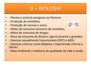 D – BIOLOGIA
• - Plantas e animais perigosos ao Homem;
• - Produção de remédios;
• - Produção de vacinas e soros;
• - Males do consumo excessivo de remédios;
• - Males do consumo de drogas;
• - Risco do consumo de álcool e cigarro durante a gravidez;
• - Doenças sexualmente transmissíveis (DST) e AIDS;
• - Doenças crônicas como diabetes e hipertensão arterial e
  câncer;
• - Meio Ambiente e melhoria da qualidade de vida e saúde.
 