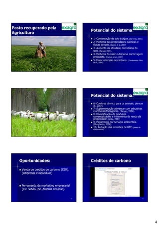Pasto recuperado pela
                                               Potencial do sistema:
Agricultura
                                                1- Conservação de solo e água. (Sanchez, 2001)
                                                2- Melhoria das propriedades químicas e
                                                físicas do solo. (Castro et al.,2007)
                                                3- Aumento da atividade microbiana do
                                                solo. (Rangel, 2005).
                                                4- Melhoria do valor nutricional da forragem
                                                produzida. (Paciullo et al., 2007).
                                                5- Maior retenção de carbono. (Tksukamoto Filho
                                                et al., 2004).




                                               Potencial do sistema:
                                                6- Conforto térmico para os animais. (Pires et
                                                al., 2007).
                                                7- Suplementação alimentar com arbustivas
                                                e arbóreas/forrageiras. (Rangel, 2006).
                                                8- Diversificação de produtos
                                                comercializáveis e incremento da renda da
                                                propriedade. (Vale, 2004)
                                                9- Pagamento por serviços ambientais.
                                                (Murgueitio, 2006).
                                                10- Redução das emissões de GEE      (gases do
                                                efeito estufa).




   Oportunidades:                              Créditos de carbono

    Venda de créditos de carbono (CER).
    (empresas e indivíduos)



    Ferramenta de marketing empresarial
    (ex: Sabão Ipê, Aracruz celulose).


                                          23                                                     24




                                                                                                      4
 