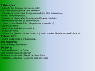 Estratégica:
•Definição dos direitos e deveres do leitor.
•Criação e organização de uma biblioteca.
•Produção de morais para divulgação dos livros lidos pelos alunos.
•Visita à biblioteca publica.
•Pesquisa de bibliografias de autores de literatura brasileira.
•Empréstimos de livros da sala de leitura.
•Leitura compartilhada (feita pelo professor e pelo aluno).
•Semana do conto
•Monitoramento de leitura bimestral.
•Exibição de filmes.
•Leituras dos gêneros: contos, romance, jornais, revistas, historia em quadrinho e etc .
Público alvo:
•Ensino fundamental e ensino médio.
Cronograma:
•Mês de março a novembro.
Diretora:
Dulcineide Mauricio de Castro.
Vice Diretora: Abigair Loockman
Professor coordenador: Geronil de Jesus Silva
Professora Mediadora: Rosemeire Dias de Freitas.
 