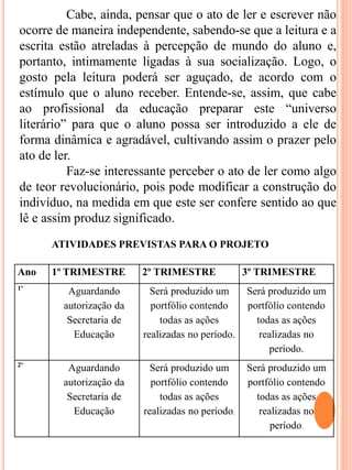 Cabe, ainda, pensar que o ato de ler e escrever não
ocorre de maneira independente, sabendo-se que a leitura e a
escrita estão atreladas à percepção de mundo do aluno e,
portanto, intimamente ligadas à sua socialização. Logo, o
gosto pela leitura poderá ser aguçado, de acordo com o
estímulo que o aluno receber. Entende-se, assim, que cabe
ao profissional da educação preparar este “universo
literário” para que o aluno possa ser introduzido a ele de
forma dinâmica e agradável, cultivando assim o prazer pelo
ato de ler.
Faz-se interessante perceber o ato de ler como algo
de teor revolucionário, pois pode modificar a construção do
indivíduo, na medida em que este ser confere sentido ao que
lê e assim produz significado.
Ano 1º TRIMESTRE 2º TRIMESTRE 3º TRIMESTRE
1º
Aguardando
autorização da
Secretaria de
Educação
Será produzido um
portfólio contendo
todas as ações
realizadas no período.
Será produzido um
portfólio contendo
todas as ações
realizadas no
período.
2º
Aguardando
autorização da
Secretaria de
Educação
Será produzido um
portfólio contendo
todas as ações
realizadas no período.
Será produzido um
portfólio contendo
todas as ações
realizadas no
período.
ATIVIDADES PREVISTAS PARA O PROJETO
 