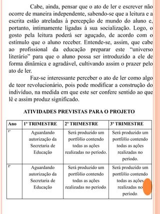 Cabe, ainda, pensar que o ato de ler e escrever não
ocorre de maneira independente, sabendo-se que a leitura e a
escrita estão atreladas à percepção de mundo do aluno e,
portanto, intimamente ligadas à sua socialização. Logo, o
gosto pela leitura poderá ser aguçado, de acordo com o
estímulo que o aluno receber. Entende-se, assim, que cabe
ao profissional da educação preparar este “universo
literário” para que o aluno possa ser introduzido a ele de
forma dinâmica e agradável, cultivando assim o prazer pelo
ato de ler.
Faz-se interessante perceber o ato de ler como algo
de teor revolucionário, pois pode modificar a construção do
indivíduo, na medida em que este ser confere sentido ao que
lê e assim produz significado.
Ano 1º TRIMESTRE 2º TRIMESTRE 3º TRIMESTRE
1º
Aguardando
autorização da
Secretaria de
Educação
Será produzido um
portfólio contendo
todas as ações
realizadas no período.
Será produzido um
portfólio contendo
todas as ações
realizadas no
período.
2º
Aguardando
autorização da
Secretaria de
Educação
Será produzido um
portfólio contendo
todas as ações
realizadas no período.
Será produzido um
portfólio contendo
todas as ações
realizadas no
período.
ATIVIDADES PREVISTAS PARA O PROJETO
 