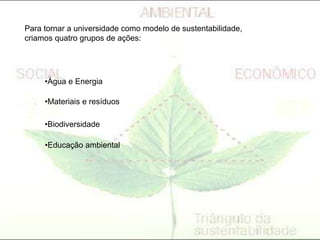 Para tornar a universidade como modelo de sustentabilidade,
criamos quatro grupos de ações:
•Água e Energia
•Materiais e resíduos
•Biodiversidade
•Educação ambiental
 