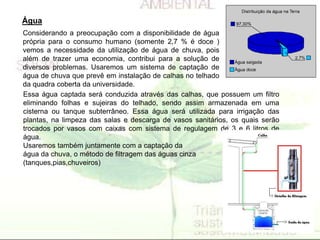 Considerando a preocupação com a disponibilidade de água
própria para o consumo humano (somente 2,7 % é doce )
vemos a necessidade da utilização de água de chuva, pois
além de trazer uma economia, contribui para a solução de
diversos problemas. Usaremos um sistema de captação de
água de chuva que prevê em instalação de calhas no telhado
da quadra coberta da universidade.
Essa água captada será conduzida através das calhas, que possuem um filtro
eliminando folhas e sujeiras do telhado, sendo assim armazenada em uma
cisterna ou tanque subterrâneo. Essa água será utilizada para irrigação das
plantas, na limpeza das salas e descarga de vasos sanitários, os quais serão
trocados por vasos com caixas com sistema de regulagem de 3 e 6 litros de
água.
Usaremos também juntamente com a captação da
água da chuva, o método de filtragem das águas cinza
(tanques,pias,chuveiros)
Água
 