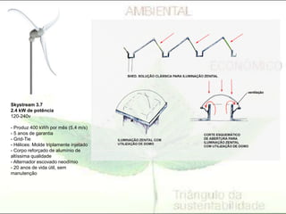 Skystream 3.7
2.4 kW de potência
120-240v
- Produz 400 kWh por mês (5.4 m/s)
- 5 anos de garantia
- Grid-Tie
- Hélices: Molde triplamente injetado
- Corpo reforçado de alumínio de
altíssima qualidade
- Alternador escovado neodímio
- 20 anos de vida útil, sem
manutenção
 