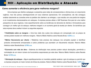 © SAP AG 2003, SAP Business One - Affordable Power for Small & Midsize Businesses / 14
ROI – Aplicação em Distribuição e Atacado
Como aumentar a eficiência para gerar melhores margens?
Uma empresa que distribui autopeças e acessórios para redes de concessionárias e oficinas teve um crescimento
orgânico, mas não pensou estrategicamente em seus sistemas operacionais. Em conseqüência, ela não conseguiu
analisar claramente as conexões entre os pedidos dos clientes e as entregas, o que resultou em uma perda de margens
e em investimentos desnecessários em estoques. A empresa precisa utilizar o SAP Business One para ter uma melhor
perspectiva de seus negócios, mais especificamente sobre as tendências da demanda de clientes e fornecedores para
conseguir um melhor giro do estoque, melhores margens e um aumento geral da receita por cliente. Os benefícios que
esta empresa deve analisar incluem os seguintes aspectos:
Visibilidade sobre as margens – Uma boa visão dos custos dos estoques em comparação com os preços de
vendas poderá resultar em melhores margens. Retorno Médio Histórico sobre Receita Bruta: 0,53% a.a.
Melhor faturamento por cliente – Relatórios mais precisos dos estoques nos armazéns ajudam a identificar
produtos erroneamente armazenados e outros problemas que acarretam um faturamento reduzido. Retorno Médio
Histórico sobre Receita Bruta: 0,79% a.a.
Economia com mão de obra – Sistemas de distribuição mais precisos podem reduzir devoluções, permitindo a
contratação de um menor número de funcionários responsáveis por esta área. Retorno Médio Histórico sobre Receita
Bruta: 0,13% a.a.
Otimização do estoque – Alguns aperfeiçoamentos no inventário poderão acelerar o giro do estoque ou permitir que
a empresa comporte um maior número de linhas de produtos. Retorno Médio Histórico sobre Receita Bruta: 1,67% a.a.
 