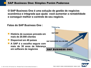 © SAP AG 2003, SAP Business One - Affordable Power for Small & Midsize Businesses / 2
SAP Business One: Simples Porém Poderoso
O SAP Business One é uma solução de gestão de negócios
econômica e integrada que ajuda você aumentar a rentabilidade
e conseguir melhor o controle de seu negócio.
Fatos do SAP Business One :
 História de sucesso provada em
mais de 20.000 clientes
 Disponível em 40 países
 A SAP é a escolha segura com
mais de 30 anos de liderança
em software de negócios
SAP ERP
SAP BUSINESS ALL-IN-ONE
SAP BUSINESS ONE
 