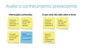 Avalie o conhecimento preexistente
Informações conhecidas
O que as
pessoas
precisam ou
querem?
Como a
tecnologia
pode
ajudar?
Já existe
outras ideias
em outras
áreas?
O que você não sabe sobre o tema
Existe
contradiçõe
s
ou tensões?
Como as
pessoas
resolvem o
problema?
O que
acham das
soluções
existentes?
Quais os
desafios
para
implementar
as ideias?
 