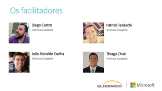 Os facilitadores
Diego Castro
Technical Evangelist
João Ronaldo Cunha
Technical Evangelist
Patrick Tedeschi
Technical Evangelist
Thiago Chati
Technical Evangelist
 