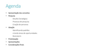 Agenda
• Apresentação dos conceitos
• Pesquisa
Desafio Estratégico
Processo de pesquisa
Criação de personas
• Ideação
Identificando padrões
criando áreas de oportunidades
Brainstorm
• Prototipação
• Apresentações
• Considerações finais
 