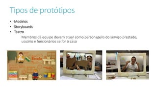 Tipos de protótipos
• Modelos
• Storyboards
• Teatro
Membros da equipe devem atuar como personagens do serviço prestado,
usuário e funcionários se for o caso
 