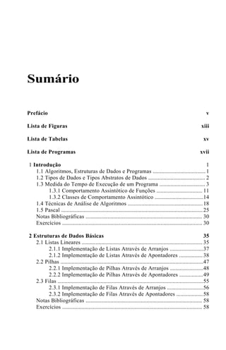 Sumário

Prefácio                                                                                                              v

Lista de Figuras                                                                                                  xiii

Lista de Tabelas                                                                                                    xv

Lista de Programas                                                                                                xvii

1 Introdução                                                                                                          1
   1.1 Algoritmos, Estruturas de Dados e Programas ...................................... 1
   1.2 Tipos de Dados e Tipos Abstratos de Dados ......................................... 2
   1.3 Medida do Tempo de Execução de um Programa ................................. 3
        1.3.1 Comportamento Assintótico de Funções ................................. 11
        1.3.2 Classes de Comportamento Assintótico ...................................14
   1.4 Técnicas de Análise de Algoritmos ...................................................... 18
   1.5 Pascal ...................................................................................................... 25
   Notas Bibliográficas .................................................................................... 30
   Exercícios ..................................................................................................... 30

2 Estruturas de Dados Básicas                                                                                         35
   2.1 Listas Lineares ....................................................................................... 35
        2.1.1 Implementação de Listas Através de Arranjos ........................ 37
        2.1.2 Implementação de Listas Através de Apontadores ................. 38
   2.2 Pilhas .......................................................................................................47
        2.2.1 Implementação de Pilhas Através de Arranjos ........................48
        2.2.2 Implementação de Pilhas Através de Apontadores ................. 49
   2.3 Filas .........................................................................................................55
        2.3.1 Implementação de Filas Através de Arranjos .......................... 56
        2.3.2 Implementação de Filas Através de Apontadores ................... 58
   Notas Bibliográficas .................................................................................... 58
   Exercícios ..................................................................................................... 58
 