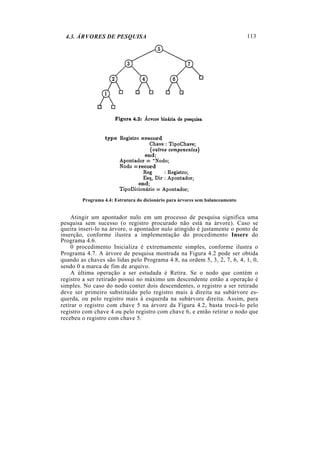 4.3. ÁRVORES DE PESQUISA                                                     113




        Programa 4.4: Estrutura do dicionário para árvores sem balanceamento


    Atingir um apontador nulo em um processo de pesquisa significa uma
pesquisa sem sucesso (o registro procurado não está na árvore). Caso se
queira inseri-lo na árvore, o apontador nulo atingido é justamente o ponto de
inserção, conforme ilustra a implementação do procedimento Insere do
Programa 4.6.
    0 procedimento Inicializa é extremamente simples, conforme ilustra o
Programa 4.7. A árvore de pesquisa mostrada na Figura 4.2 pode ser obtida
quando as chaves são lidas pelo Programa 4.8, na ordem 5, 3, 2, 7, 6, 4, 1, 0,
sendo 0 a marca de fim de arquivo.
    A última operação a ser estudada é Retira. Se o nodo que contém o
registro a ser retirado possui no máximo um descendente então a operação é
simples. No caso do nodo conter dois descendentes, o registro a ser retirado
deve ser primeiro substituído pelo registro mais à direita na subárvore es-
querda, ou pelo registro mais à esquerda na subárvore direita. Assim, para
retirar o registro com chave 5 na árvore da Figura 4.2, basta trocá-lo pelo
registro com chave 4 ou pelo registro com chave 6, e então retirar o nodo que
recebeu o registro com chave 5.
 