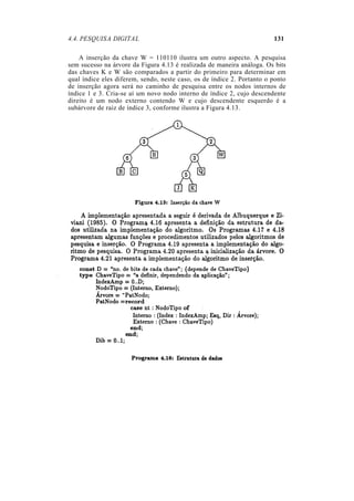 4.4. PESQUISA DIGITAL                                                   131

    A inserção da chave W = 110110 ilustra um outro aspecto. A pesquisa
sem sucesso na árvore da Figura 4.13 é realizada de maneira análoga. Os bits
das chaves K e W são comparados a partir do primeiro para determinar em
qual índice eles diferem, sendo, neste caso, os de índice 2. Portanto o ponto
de inserção agora será no caminho de pesquisa entre os nodos internos de
índice 1 e 3. Cria-se aí um novo nodo interno de índice 2, cujo descendente
direito é um nodo externo contendo W e cujo descendente esquerdo é a
subárvore de raiz de índice 3, conforme ilustra a Figura 4.13.
 