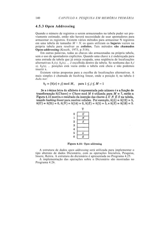 140                CAPíTULO 4. PESQUISA EM MEMÓRIA PRIMÁRIA

4.5.3 Open Addressing
Quando o número de registros a serem armazenados na tabela puder ser pre-
viamente estimado, então não haverá necessidade de usar apontadores para
armazenar os registros. Existem vários métodos para armazenar N registros
em uma tabela de tamanho M > N, os quais utilizam os lugares vazios na
própria tabela para resolver as colisões. Tais métodos são chamados
Open-addressing (Knuth, 1973, p.518).
    Em outras palavras, todas as chaves são armazenadas na própria tabela,
sem o uso de apontadores explícitos. Quando uma chave x é endereçada para
uma entrada da tabela que já esteja ocupada, uma seqüência de localizações
alternativas h1 (x), h2 (x), ... é escolhida dentro da tabela. Se nenhuma das h1 (
x), h2 (x), ... posições está vazia então a tabela está cheia e não podemos
inserir x.
    Existem várias propostas para a escolha de localizações alternativas. A
mais simples é chamada de hashing linear, onde a posição hi na tabela é
dada por:




   A estrutura de dados open addressing será utilizada para implementar o
tipo abstrato de dados Dicionário, com as operações Inicializa, Pesquisa,
Insere, Retira. A estrutura do dicionário é apresentada no Programa 4.25.
   A implementação das operações sobre o Dicionário são mostradas no
Programa 4.26.
 