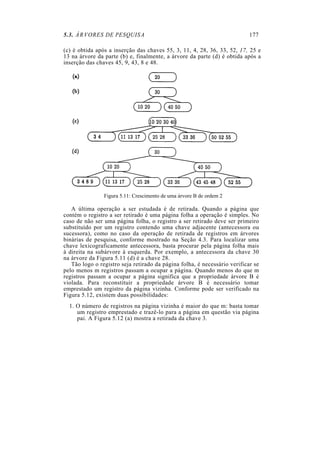 5.3. ÁRVORES DE PESQUISA                                                   177

(c) é obtida após a inserção das chaves 55, 3, 11, 4, 28, 36, 33, 52, 17, 25 e
13 na árvore da parte (b) e, finalmente, a árvore da parte (d) é obtida após a
inserção das chaves 45, 9, 43, 8 e 48.




                Figura 5.11: Crescimento de uma árvore B de ordem 2

   A última operação a ser estudada é de retirada. Quando a página que
contém o registro a ser retirado é uma página folha a operação é simples. No
caso de não ser uma página folha, o registro a ser retirado deve ser primeiro
substituído por um registro contendo uma chave adjacente (antecessora ou
sucessora), como no caso da operação de retirada de registros em árvores
binárias de pesquisa, conforme mostrado na Seção 4.3. Para localizar uma
chave lexicograficamente antecessora, basta procurar pela página folha mais
à direita na subárvore à esquerda. Por exemplo, a antecessora da chave 30
na árvore da Figura 5.11 (d) é a chave 28.
   Tão logo o registro seja retirado da página folha, é necessário verificar se
pelo menos m registros passam a ocupar a página. Quando menos do que m
registros passam a ocupar a página significa que a propriedade árvore B é
violada. Para reconstituir a propriedade árvore B é necessário tomar
emprestado um registro da página vizinha. Conforme pode ser verificado na
Figura 5.12, existem duas possibilidades:
  1. O número de registros na página vizinha é maior do que m: basta tomar
     um registro emprestado e trazê-lo para a página em questão via página
     pai. A Figura 5.12 (a) mostra a retirada da chave 3.
 