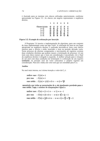 74                                            CAPíTULO 3. ORDENAÇÃO

  é ilustrado para as mesmas seis chaves utilizadas anteriormente, conforme
  apresentado na Figura 3.2. As chaves em negrito representam a seqüência
  destino.




Figura 3.2: Exemplo de ordenação por inserção

      0 Programa 3.4 mostra a implementação do algoritmo, para um conjunto
  de itens implementado como um tipo Vetor. A colocação do item no seu lugar
  apropriado na seqüência destino é realizada movendo-se itens com chaves
  maiores para a direita e então inserindo o item na posição deixada vazia.
  Neste processo de alternar comparações e movimentos de registros existem
  duas condições distintas que podem causar a terminação do processo: (i) um
  item com chave menor que o item em consideração é encontrado; (ii) o final
  da seqüência destino é atingido à esquerda. A melhor solução para a situação
  de um anel com duas condições de terminação é a utilização de um registro
  sentinela: na posição zero do vetor colocamos o próprio registro em
  consideração. Para tal o índice do vetor tem que ser estendido para 0..n.
  Análise

  No anel mais interno, na i-ésima iteração o valor de Ci é:
 