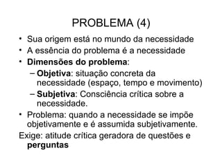 PROBLEMA (4)‏ Sua origem está no mundo da necessidade A essência do problema é a necessidade Dimensões do problema : Objetiva : situação concreta da necessidade (espaço, tempo e movimento)‏ Subjetiva : Consciência crítica sobre a necessidade. Problema: quando a necessidade se impõe objetivamente e é assumida subjetivamente .  Exige: atitude crítica geradora de questões e  perguntas 