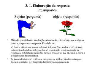 3. 1. Elaboração da resposta Pressupostos: Sujeito (pergunta)  objeto (responde)   Método (caminhos) :  mediações da relação entre o sujeito e o objeto entre a pergunta e a resposta. Previsão de: a) fontes, b) instrumentos de coleta de informações e dados,  c) técnicas de tratamentos de dados e informações, d) organização e sistematização de resultados, e) hipóteses (respostas parciais provisórias que orientam a coleta e a organização de resultados).  Referencial teórico: a) critérios e categorias de análise, b) referencias para discutir resultados e c) horizonte da interpretação da resposta 