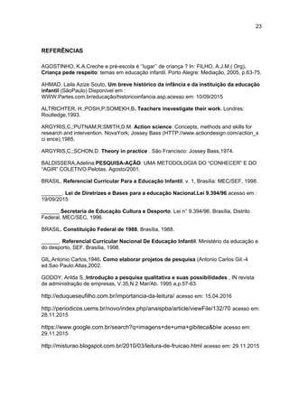 23
REFERÊNCIAS
AGOSTINHO, K.A.Creche e pré-escola é ‘’lugar’’ de criança ? In: FILHO, A.J.M.( Org).
Criança pede respeito: temas em educação infantil. Porto Alegre: Mediação, 2005, p.63-75.
AHMAD. Laila Azize Souto, Um breve histórico da infância e da instituição da educação
infantil (SãoPaulo) Disponível em :
WWW.Partes.com.br/educação/historicoinfancia.asp.acesso em: 10/09/2015
ALTRICHTER, H.;POSH,P;SOMEKH,B. Teachers insvestigate their work. Londres:
Routledge,1993.
ARGYRIS,C,;PUTNAM,R;SMITH,D.M. Action science: Concepts, methods and skills for
research and intervention. NovaYork; Jossey Bass (HTTP://www.actiondesign.com/action_s
ci ence),1985.
ARGYRIS,C,;SCHON,D. Theory in practice . São Francisco: Jossey Bass,1974.
BALDISSERA,Adelina.PESQUISA-AÇÃO: UMA METODOLOGIA DO “CONHECER” E DO
“AGIR” COLETIVO.Pelotas. Agosto/2001.
BRASIL. Referencial Curricular Para a Educação Infantil. v. 1, Brasília: MEC/SEF, 1998.
_______. Lei de Diretrizes e Bases para a educação Nacional.Lei 9.394/96 acesso em :
19/09/2015
______.Secretaria de Educação Cultura e Desporto. Lei n° 9.394/96. Brasília, Distrito
Federal, MEC/SEC, 1996.
BRASIL. Constituição Federal de 1988. Brasília, 1988.
______. Referencial Curricular Nacional De Educação Infantil. Ministério da educação e
do desporto, SEF. Brasília, 1998.
GIL,Antonio Carlos,1946. Como elaborar projetos de pesquisa (Antonio Carlos Gil.-4
ed.Sao Paulo:Altas,2002.
GODOY, Arilda S.,Introdução a pesquisa qualitativa e suas possibilidades , IN revista
de administração de empresas, V.35,N.2 Mar/Ab. 1995 a,p.57-63.
http://eduqueseufilho.com.br/importancia-da-leitura/ acesso em: 15.04.2016
http://periodicos.uems.br/novo/index.php/anaispba/article/viewFile/132/70 acesso em:
28.11.2015
https://www.google.com.br/search?q=imagens+de+uma+gibiteca&biw acesso em:
29.11.2015
http://misturao.blogspot.com.br/2010/03/leitura-de-fruicao.html acesso em: 29.11.2015
 