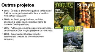 • 1995 - É obtida a primeira sequência completa de
DNA de um organismo de vida livre, a bactéria
Hemophilus influenzae;
• 2000 - No Brasil, pesquisadores paulistas
anunciam o seqüenciamento do genoma da
bactéria Xylella fastidiosa;
• 2005 - Publicação compara os genes sequenciados
do chimpanzé (Pan Troglodytes) com de humanos;
• 2008 - Genoma do milho (Zea mays) é
sequenciado através de um consórcio de
empresas;
Outros projetosOutros projetos
 
