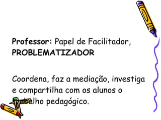 Professor:  Papel de Facilitador,  PROBLEMATIZADOR Coordena, faz a mediação, investiga e compartilha com os alunos o trabalho pedagógico. 