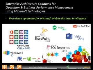 11/6/2015 5
www.microsoft.com.br/descubra
www.ProjetosDigitais.com.br
Enterprise Architecture Solutions for
Operation & Business Performance Management
using Microsoft technologies
Office 2013
2013
2013
Office 2016
2014
10
• Foco dessa apresentação: Microsoft Mobile Business Intelligence
 