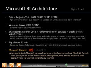 11/6/2015 6
www.microsoft.com.br/descubra
www.ProjetosDigitais.com.br
Microsoft BI Architecture Página 1 de 6.
• Office, Project e Visio: 2007 / 2010 / 2013 / 2016
Aplicativos “clientes” que podem ser usados em uma arquitetura de BI Microsoft
• Windows Server (2008 / 2012)
Sistema operacional dos servidores
• Sharepoint Enterprise 2013 + Performance Point Services + Excel Services +
Visio Services
Plataforma de múltiplas finalidades incluindo acesso via web a documentos e dados,
estáticos e/ou dinâmicos. Permite hospedar aplicações de Web BI (intranet / extranet)
• SQL-Server 2014 BI
Banco de Dados Relacional e Analítico, serviços de integração de dados e outras.
• Microsoft Datazen
Nova aquisição da Microsoft para acelerar a sua entrada no mercado de Mobile BI. Permite
levar aplicações de BI aos Mobile Devices Smartphone, iPad, iPhone, Android e Web
based devices, via internet, extranet e/ou internet.
 