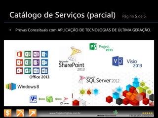 3/14/2015 8
www.microsoft.com.br/descubra
www.ProjetosDigitais.com.br
Catálogo de Serviços (parcial) Página 5 de 5.
• Provas Conceituais com APLICAÇÃO DE TECNOLOGIAS DE ÚLTIMA GERAÇÃO.
Office 2013
2013
2013
 