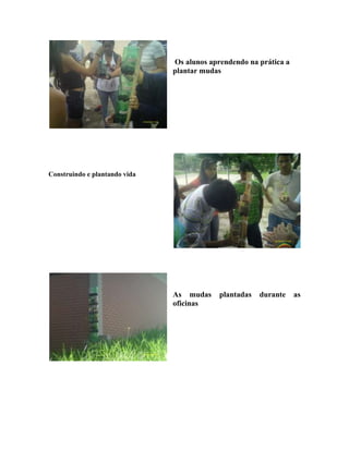 Os alunos aprendendo na prática a
                               plantar mudas




Construindo e plantando vida




                               As mudas     plantadas   durante    as
                               oficinas
 