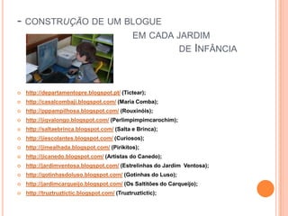 - CONSTRUÇÃO DE UM BLOGUE
                                               EM CADA JARDIM
                                                        DE INFÂNCIA



   http://departamentopre.blogspot.pt/ (Tictear);
   http://casalcombaji.blogspot.com/ (Maria Comba);
   http://pppampilhosa.blogspot.com/ (Rouxinóis);
   http://jiqvalongo.blogspot.com/ (Perlimpimpimcarochim);
   http://saltaebrinca.blogspot.com/ (Salta e Brinca);
   http://jiescolantes.blogspot.com/ (Curiosos);
   http://jimealhada.blogspot.com/ (Pirikitos);
   http://jicanedo.blogspot.com/ (Artistas do Canedo);
   http://jardimventosa.blogspot.com/ (Estrelinhas do Jardim Ventosa);
   http://gotinhasdoluso.blogspot.com/ (Gotinhas do Luso);
   http://jardimcarqueijo.blogspot.com/ (Os Saltitões do Carqueijo);
   http://truztruztictic.blogspot.com/ (Truztruztictic);
 