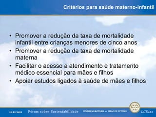 Critérios para saúde materno-infantil Promover a redução da taxa de mortalidade infantil entre crianças menores de cinco anos Promover a redução da taxa de mortalidade materna Facilitar o acesso a atendimento e tratamento médico essencial para mães e filhos Apoiar estudos ligados à saúde de mães e filhos 