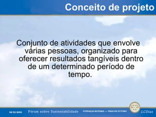 Conceito de projeto Conjunto de atividades que envolve várias pessoas, organizado para oferecer resultados tangíveis dentro de um determinado período de tempo.   