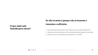 21
Se não erramos é porque não arriscamos e
inovamos o suﬁciente.
1 - Será que estamos buscando meios diferentes para resolver problemas?
2 - Será que não estamos presos a ﬁcar olhando grandes players de mercado?
3 - Quanto estamos investindo para possibilitar a inovação?
O que vocês está
fazendo para inovar?
 