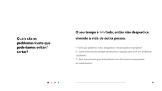 22
O seu tempo é limitado, então não desperdice
vivendo a vida de outra pessoa.
1 - Será que podemos evitar desgastes e reclamações em projetos?
2 - Como estamos nos comportando junto a equipe para criar um ambiente
saudável?
3 - Será que estamos gastando demais com ferramentas que podem
ser substituídas?
Quais são os
problemas/custo que
poderíamos evitar/
cortar?
 