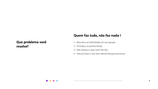 3
Quem faz tudo, não faz nada !
1 - Descubra as habilidades da sua equipe;
2 - Fortaleça os pontos fortes;
3 - Não ofereça o que você não faz;
4 - Precisa fazer e não tem efetivo? Busque parcerias.
Que problema você
resolve?
 