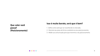 4
Isso é muito barato, será que é bom?
1 - Deﬁna como você quer ser reconhecido no mercado;
2 - Posicione seu preço de forma condizente ao seu posicionamento;
3 - Molde sua comunicação para que transmita o seu posicionamento.
Que valor você
passa?
(Posicionamento)
 