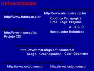 Universidades
http://www.ceteb.com.br
Centro de Ensino Tecnológico de Brasília
http://www.ceteb.com.br
Universidade Federal do Rio Grande Sul
http://www.mat.ufrgs.br/~edumatec/
SLogo Graphequation Cabri-Géomètre
PUC - São Paulo
http://proem.pucsp.br/
Projeto CDI
Universidade Estadual de Campinas
http://www.nied.unicamp.br/
Robótica Pedagógica
Lego
A B
Projetos
C
Siros
D
Manipulador Robóticos
USP – Escola do Futuro
http://www.futuro.usp.br
 