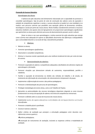 Promoção do Sucesso Educativo

   Aprendizagem dos Alunos

         A eficácia da ação educativa está diretamente relacionada com a capacidade de promover e
consolidar aprendizagens. Seja do ponto de vista da construção dos saberes como da aquisição e
exibição de competências cognitivas e sociais, o sucesso educativo só poderá ser uma realidade se se
traduzir num percurso coerente que possibilite uma aquisição efetiva de ferramentas cientificas,
tecnológicas e sociais por parte dos nossos alunos. Nesta medida, é fundamental contrariar o insucesso
educativo mediante uma aposta clara do Agrupamento em proporcionar aprendizagens significativas
que apetrechem os alunos para ulteriores percursos de desenvolvimento pessoal, social e cultural.

        Situar no aluno e nas suas aprendizagens o núcleo essencial da ação educativa que emerge
como a forma mais adequada de superar as dificuldades decorrentes das diferenças e desigualdades
que a comunidade discente é, na escola de hoje, naturalmente portadora.

                     Objetivos:

   Motivar os alunos;

   Fomentar aprendizagens significativas;

   Desenvolver e consolidar competências.

   Diminuir o insucesso escolar apontando para uma melhoria tendencial de dois por cento da taxa
   de sucesso.

                     Operacionalização dos objetivos:

   Promover a aquisição de saberes e competências adequados e facilitadores de ulteriores trajetos de
   aprendizagem e formação;

   Promover situações que demonstram atitudes de autonomia, responsabilidade, partilha e
   cidadania;

   Facilitar a aquisição de ferramentas no âmbito dos métodos de trabalho e de estudo, do
   tratamento da informação da comunicação e do relacionamento interpessoal e de grupo;

   Implementar a diferenciação do ensino e das práticas pedagógicas;

   Promover a individualização dos percursos de aprendizagem;

   Privilegiar metodologias de ensino ativas, como a de Trabalho de Projeto;

   Aproveitar as potencialidades dos recursos tecnológicos disponíveis elegendo os como recursos
   fundamentais ao serviço da aquisição de saberes e do treino de competências transversais.

   Promover a reflexão sobre as causas do insucesso dos nossos alunos.

   Implementar a u l a s d e a p o i o e d u c a t i v o e a t i v i d a d e s d e e n r i q u e c i m e n t o c u r r i c u l a r
   diversificadas.

   Promover o trabalho plural e partilhado.

   Construir matrizes uniformes.

   Definir critérios de avaliação que prevejam a articulação pedagógica entre docentes com
   referenciais comuns quanto a:

    práticas pedagógicas;
    construção de instrumentos de avaliação, incluindo os respetivos critérios e modalidades de
   avaliação.



                                                                                                                          31
 