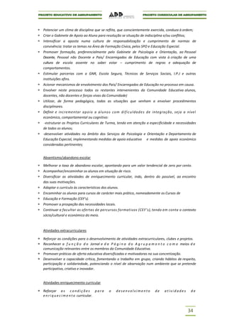 Potenciar um clima de disciplina que se reflita, que conscientemente exercida, conduza à ordem;
Criar o Gabinete de Apoio ao Aluno para resolução se situação de indisciplina e/ou conflitos;
Intensificar a aposta numa cultura de responsabilização e cumprimento de normas de
convivência: tratar os temas na Área de Formação Cívica, pelos SPO e Educação Especial.
Promover formação, preferencialmente pelo Gabinete de Psicologia e Orientação, ao Pessoal
Docente, Pessoal não Docente e Pais/ Encarregados de Educação com vista à criação de uma
cultura de escola assente no saber estar – cumprimento de regras e adequação de
comportamentos.
Estimular parcerias com a GNR, Escola Segura, Técnicos de Serviços Sociais, I.P.J e outras
instituições afins.
Acionar mecanismos de envolvimento dos Pais/ Encarregados de Educação no processo em causa.
Envolver neste processo todos os restantes intervenientes da Comunidade Educativa alunos,
docentes, não docentes e forças vivas da Comunidade)
Utilizar, de forma pedagógica, todas as situações que venham a envolver procedimentos
disciplinares.
Definir e incrementar apo io a al uno s c o m d i f i c u l da d e s d e integração, seja a nível
económico, comportamental ou cognitivo:
 -estruturar os Projetos Curriculares de Turma, tendo em atenção a especificidade e necessidades
de todos os alunos;
-desenvolver atividades no âmbito dos Serviços de Psicologia e Orientação e Departamento de
Educação Especial, implementando medidas de apoio educativo e medidas de apoio económico
consideradas pertinentes;


Absentismo/abandono escolar

Melhorar a taxa de abandono escolar, apontando para um valor tendencial de zero por cento.
Acompanhar/encaminhar os alunos em situação de risco.
Diversificar as atividades de enriquecimento curricular, indo, dentro do possível, ao encontro
das suas motivações.
Adaptar o currículo às características dos alunos.
Encaminhar os alunos para cursos de carácter mais prático, nomeadamente os Cursos de
Educação e Formação (CEF's).
Promover a prospeção das necessidades locais.
Continuar a facultar as ofertas de percursos formativos (CEF’s), tendo em conta o contexto
sócio/cultural e económico do meio.



Atividades extracurriculares

Reforçar as condições para o desenvolvimento de atividades extracurriculares, clubes e projetos.
Reconhecer a f u n ç ã o d o Jornal e d a P á g i n a d o A g r u p a m e n t o c o m o meios d e
comunicação relevantes entre os membros da Comunidade Educativa.
Promover práticas de oferta educativa diversificadas e motivadoras na sua concretização.
Desenvolver a capacidade crítica, fomentando o trabalho em grupo, criando hábitos de respeito,
participação e solidariedade, potenciando o nível de observação num ambiente que se pretende
participativo, criativo e inovador.


Atividades enriquecimento curricular

Reforçar a s c o n d i ç õ e s p a r a    o   desenvolvimento          de    atividades      de
e n r i q u e c i m e n t o curricular.



                                                                                           34
 