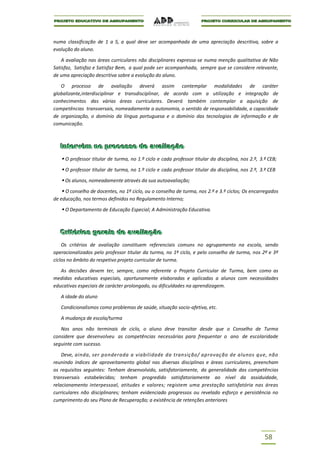 numa classificação de 1 a 5, a qual deve ser acompanhada de uma apreciação descritiva, sobre a
evolução do aluno.

   A avaliação nas áreas curriculares não disciplinares expressa-se numa menção qualitativa de Não
Satisfaz, Satisfaz e Satisfaz Bem, a qual pode ser acompanhada, sempre que se considere relevante,
de uma apreciação descritiva sobre a evolução do aluno.

   O processo de avaliação deverá assim contemplar modalidades de caráter
globalizante,interdisciplinar e transdisciplinar, de acordo com a utilização e integração de
conhecimentos das várias áreas curriculares. Deverá também contemplar a aquisição de
competências transversais, nomeadamente a autonomia, o sentido de responsabilidade, a capacidade
de organização, o domínio da língua portuguesa e o domínio das tecnologias de informação e de
comunicação.



  Intervêm no processo de avalliiação
  Intervêm no processo de ava ação
    O professor titular de turma, no 1.º ciclo e cada professor titular da disciplina, nos 2.º, 3.º CEB;
    O professor titular de turma, no 1.º ciclo e cada professor titular da disciplina, nos 2.º, 3.º CEB
    Os alunos, nomeadamente através da sua autoavaliação;
    O conselho de docentes, no 1º ciclo, ou o conselho de turma, nos 2.º e 3.º ciclos; Os encarregados
de educação, nos termos definidos no Regulamento Interno;

    O Departamento de Educação Especial; A Administração Educativa.


  Criitériios geraiis de avalliiação
  Cr tér os gera s de ava ação
    Os critérios de avaliação constituem referenciais comuns no agrupamento na escola, sendo
operacionalizados pelo professor titular da turma, no 1º ciclo, e pelo conselho de turma, nos 2º e 3º
ciclos no âmbito do respetivo projeto curricular de turma.

   As decisões devem ter, sempre, como referente o Projeto Curricular de Turma, bem como as
medidas educativas especiais, oportunamente elaboradas e aplicadas a alunos com necessidades
educativas especiais de carácter prolongado, ou dificuldades na aprendizagem.

   A idade do aluno

   Condicionalismos como problemas de saúde, situação socio-afetiva, etc.

   A mudança de escola/turma

   Nos anos não terminais de ciclo, o aluno deve transitar desde que o Conselho de Turma
considere que desenvolveu as competências necessárias para frequentar o ano de escolaridade
seguinte com sucesso.

    Deve, ainda, ser ponderada a viabilidade da transição/ aprovação de alunos que, não
reunindo índices de aproveitamento global nas diversas disciplinas e áreas curriculares, preencham
os requisitos seguintes: Tenham desenvolvido, satisfatoriamente, da generalidade das competências
transversais estabelecidas; tenham progredido satisfatoriamente ao nível da assiduidade,
relacionamento interpessoal, atitudes e valores; registem uma prestação satisfatória nas áreas
curriculares não disciplinares; tenham evidenciado progressos ou revelado esforço e persistência no
cumprimento do seu Plano de Recuperação; a existência de retenções anteriores




                                                                                                   58
 