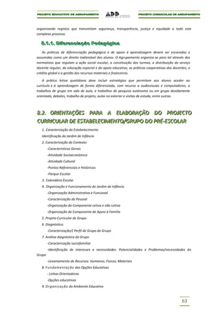 organizando registos que transmitam segurança, transparência, justiça e equidade a todo este
complexo processo.

  8..1..1.. Diiferenciiação Pedagógiica
  8 1 1 D ferenc ação Pedagóg ca
   As práticas de diferenciação pedagógica e de apoio à aprendizagem devem ser encaradas e
assumidas como um direito inalienável dos alunos. O Agrupamento organiza-se para tal através dos
normativos que regulam a ação social escolar, a constituição das turmas, a distribuição do serviço
docente regular, da educação especial e do apoio educativo, as práticas cooperativas dos docentes, o
crédito global e a gestão dos recursos materiais e financeiros.

    A prática letiva quotidiana deve incluir estratégias que permitam aos alunos aceder ao
currículo e à aprendizagem de forma diferenciada, com recurso a audiovisuais e computadores, a
trabalhos de grupo em sala de aula, a trabalhos de pesquisa autónoma ou em grupo devidamente
orientada, debates, trabalho de projeto, aulas no exterior e visitas de estudo, entre outras.



8..2.. ORIIENTAÇÕES PARA A ELABORAÇÃO DO PROJJECTO
8 2 OR ENTAÇÕES PARA A ELABORAÇÃO DO PRO ECTO
CURRIICULAR DE ESTABELECIIMENTO/GRUPO DO PRÉ--ESCOLAR
CURR CULAR DE ESTABELEC MENTO/GRUPO DO PRÉ ESCOLAR
   1. Caracterização do Estabelecimento
   Identificação do Jardim de Infância
   2. Caracterização do Contexto
        -Características Gerais
        -Atividade Socioeconómica
        -Atividade Cultural
        -Pontos Referenciais e Históricos
        -Parque Escolar
   3. Calendário Escolar
   4. Organização e Funcionamento do Jardim de Infância
        -Organização Administrativa e Funcional
        -Caracterização do Pessoal
        -Organização da Componente Letiva e não Letiva
        -Organização da Componente de Apoio à Família
   5. Projeto Curricular de Grupo
   6. Diagnóstico
        -Caracterização/( Perfil do Grupo do Grupo
   7. Análise diagnóstica do Grupo
        -Caracterização sociofamiliar
        -Identificação de interesses e necessidades: Potencialidades e Problemas/necessidades do
Grupo
        -Levantamento de Recursos: Humanos; Físicos; Materiais
   8. Fundamentaç ão das Opções Educativas
        - Linhas Orientadoras
        -Opções educativas
   9. Organização do Ambiente Educativo



                                                                                              63
 