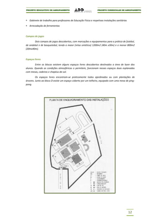 Gabinete de trabalho para professores de Educação Física e respetivas instalações sanitárias

   Arrecadação de ferramentas



Campos de jogos

       Dois campos de jogos descobertos, com marcações e equipamentos para a prática de futebol,
de andebol e de basquetebol, tendo o maior (relva sintética) 1200m2 (40m x30m) e o menor 800m2
(20mx40m).



Espaços livres

        Entre os blocos existem alguns espaços livres descobertos destinados a área de lazer dos
alunos. Quando as condições atmosféricas o permitem, funcionam nesses espaços duas esplanadas
com mesas, cadeiras e chapéus-de-sol.

         Os espaços livres encontram-se praticamente todos ajardinados ou com plantações de
árvores. Junto ao bloco D existe um espaço coberto por um telheiro, equipado com uma mesa de ping-
pong.




                                                                                                  12
 
