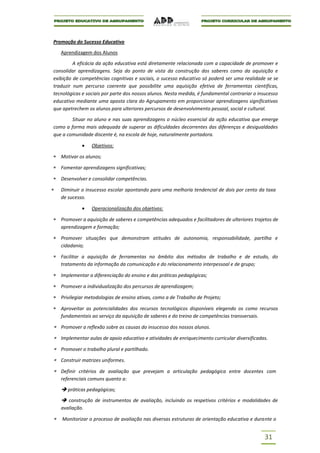 Promoção do Sucesso Educativo

   Aprendizagem dos Alunos

         A eficácia da ação educativa está diretamente relacionada com a capacidade de promover e
consolidar aprendizagens. Seja do ponto de vista da construção dos saberes como da aquisição e
exibição de competências cognitivas e sociais, o sucesso educativo só poderá ser uma realidade se se
traduzir num percurso coerente que possibilite uma aquisição efetiva de ferramentas cientificas,
tecnológicas e sociais por parte dos nossos alunos. Nesta medida, é fundamental contrariar o insucesso
educativo mediante uma aposta clara do Agrupamento em proporcionar aprendizagens significativas
que apetrechem os alunos para ulteriores percursos de desenvolvimento pessoal, social e cultural.

        Situar no aluno e nas suas aprendizagens o núcleo essencial da ação educativa que emerge
como a forma mais adequada de superar as dificuldades decorrentes das diferenças e desigualdades
que a comunidade discente é, na escola de hoje, naturalmente portadora.

                 Objetivos:

   Motivar os alunos;

   Fomentar aprendizagens significativas;

   Desenvolver e consolidar competências.

   Diminuir o insucesso escolar apontando para uma melhoria tendencial de dois por cento da taxa
   de sucesso.

                 Operacionalização dos objetivos:

   Promover a aquisição de saberes e competências adequados e facilitadores de ulteriores trajetos de
   aprendizagem e formação;

   Promover situações que demonstram atitudes de autonomia, responsabilidade, partilha e
   cidadania;

   Facilitar a aquisição de ferramentas no âmbito dos métodos de trabalho e de estudo, do
   tratamento da informação da comunicação e do relacionamento interpessoal e de grupo;

   Implementar a diferenciação do ensino e das práticas pedagógicas;

   Promover a individualização dos percursos de aprendizagem;

   Privilegiar metodologias de ensino ativas, como a de Trabalho de Projeto;

   Aproveitar as potencialidades dos recursos tecnológicos disponíveis elegendo os como recursos
   fundamentais ao serviço da aquisição de saberes e do treino de competências transversais.

   Promover a reflexão sobre as causas do insucesso dos nossos alunos.

   Implementar aulas de apoio educativo e atividades de enriquecimento curricular diversificadas.

   Promover o trabalho plural e partilhado.

   Construir matrizes uniformes.

   Definir critérios de avaliação que prevejam a articulação pedagógica entre docentes com
   referenciais comuns quanto a:

    práticas pedagógicas;
    construção de instrumentos de avaliação, incluindo os respetivos critérios e modalidades de
   avaliação.

    Monitorizar o processo de avaliação nas diversas estruturas de orientação educativa e durante o


                                                                                               31
 
