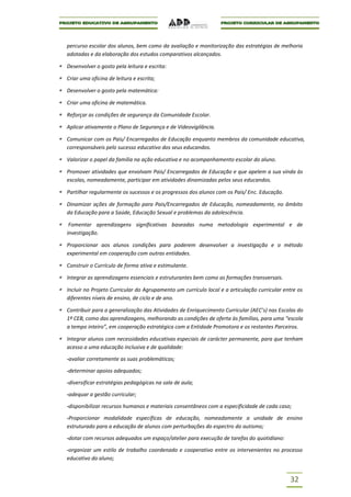 percurso escolar dos alunos, bem como da avaliação e monitorização das estratégias de melhoria
adotadas e da elaboração dos estudos comparativos alcançados.

Desenvolver o gosto pela leitura e escrita:

Criar uma oficina de leitura e escrita;

Desenvolver o gosto pela matemática:

Criar uma oficina de matemática.

Reforçar as condições de segurança da Comunidade Escolar.

Aplicar ativamente o Plano de Segurança e de Videovigilância.

Comunicar com os Pais/ Encarregados de Educação enquanto membros da comunidade educativa,
corresponsáveis pelo sucesso educativo dos seus educandos.

Valorizar o papel da família na ação educativa e no acompanhamento escolar do aluno.

Promover atividades que envolvam Pais/ Encarregados de Educação e que apelem a sua vinda às
escolas, nomeadamente, participar em atividades dinamizadas pelos seus educandos.

Partilhar regularmente os sucessos e os progressos dos alunos com os Pais/ Enc. Educação.

Dinamizar ações de formação para Pais/Encarregados de Educação, nomeadamente, no âmbito
da Educação para a Saúde, Educação Sexual e problemas da adolescência.

 Fomentar aprendizagens significativas baseadas numa metodologia experimental e de
investigação.

Proporcionar aos alunos condições para poderem desenvolver a investigação e o método
experimental em cooperação com outras entidades.

Construir o Currículo de forma ativa e estimulante.

Integrar as aprendizagens essenciais e estruturantes bem como as formações transversais.

Incluir no Projeto Curricular do Agrupamento um currículo local e a articulação curricular entre os
diferentes níveis de ensino, de ciclo e de ano.

Contribuir para a generalização das Atividades de Enriquecimento Curricular (AEC’s) nas Escolas do
1º CEB, como das aprendizagens, melhorando as condições de oferta às famílias, para uma “escola
a tempo inteiro”, em cooperação estratégica com a Entidade Promotora e os restantes Parceiros.

Integrar alunos com necessidades educativas especiais de carácter permanente, para que tenham
acesso a uma educação inclusiva e de qualidade:

-avaliar corretamente as suas problemáticas;

-determinar apoios adequados;

-diversificar estratégias pedagógicas na sala de aula;

-adequar a gestão curricular;

-disponibilizar recursos humanos e materiais consentâneos com a especificidade de cada caso;

-Proporcionar modalidade específicas de educação, nomeadamente a unidade de ensino
estruturado para a educação de alunos com perturbações do espectro do autismo;

-dotar com recursos adequados um espaço/atelier para execução de tarefas do quotidiano:

-organizar um estilo de trabalho coordenado e cooperativo entre os intervenientes no processo
educativo do aluno;


                                                                                             32
 