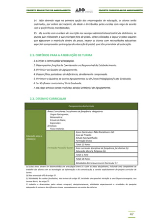 14. Não obtendo vaga na primeira opção dos encarregados de educação, os alunos serão
        ordenados, por ordem decrescente, da idade e distribuídos pelas escolas com vaga de acordo
        com a preferências manifestadas;

        15. De acordo com a ordem de inscrição nos serviços administrativos/matrícula eletrónica, os
        alunos que realizaram a sua inscrição fora de prazo, serão colocados a seguir a todos aqueles
        que efetuaram a matrícula dentro do prazo, exceto os alunos com necessidades educativas
        especiais comprovadas pela equipa de educação Especial, que têm prioridade de colocação.



    2.3. CRITÉRIOS PARA A ATRIBUIÇÃO DE TURMA
        1. Exercer a continuidade pedagógica.
        2. Desempenhar funções de Coordenador ou Responsável de Estabelecimento.
        3. Pertencer ao Quadro de Agrupamento.
        4. Possuir filhos portadores de deficiência, devidamente comprovada.
        5. Pertencer a Quadros de outros Agrupamentos ou de Zonas Pedagógicas/ Lista Graduada.
        6. Ser Professor contratado / Lista Graduada.
        7. Os casos omissos serão resolvidos pelo(a) Diretor(a) do Agrupamento.



    2.3. DESENHO CURRICULAR

                                                Componentes do Currículo

                        Áreas Curriculares Disciplinares de frequência obrigatória:
                           Língua Portuguesa;
                           Matemática;
                           Estudo do Meio;
                           Expressões
                        Artísticas:
                           Físico-motoras
                                                      Áreas Curriculares Não Disciplinares (a):
Educação para a                                       Área de Projeto;
cidadania                                             Estudo Acompanhado;
                                                      Formação Cívica.
                                                        Total: 25 horas
                        Formação Pessoal e Social       Área curricular disciplinar de frequência facultativa (b):
                                                        Educação Moral e Religiosa (b).
                                                        Total: 1 hora
                                                        Total: 26 horas
                                                        Atividades de Enriquecimento Curricular (c)
(a) Estas áreas devem ser desenvolvidas em articulação entre si e com as áreas disciplinares, incluindo uma componente de
trabalho dos alunos com as tecnologias da informação e da comunicação, e constar explicitamente do projeto curricular de
turma.
(b) Nos termos do nº5 do artigo 5º.
(c) Atividades de caráter facultativo, nos termos do artigo 9º, incluindo uma possível iniciação a uma língua estrangeira, nos
termos do nº1 do artigo 7º.
O trabalho a desenvolver pelos alunos integrará, obrigatoriamente, atividades experimentais e atividades de pesquisa
adequadas à natureza das diferentes áreas, nomeadamente no ensino das ciências




                                                                                                                      47
 